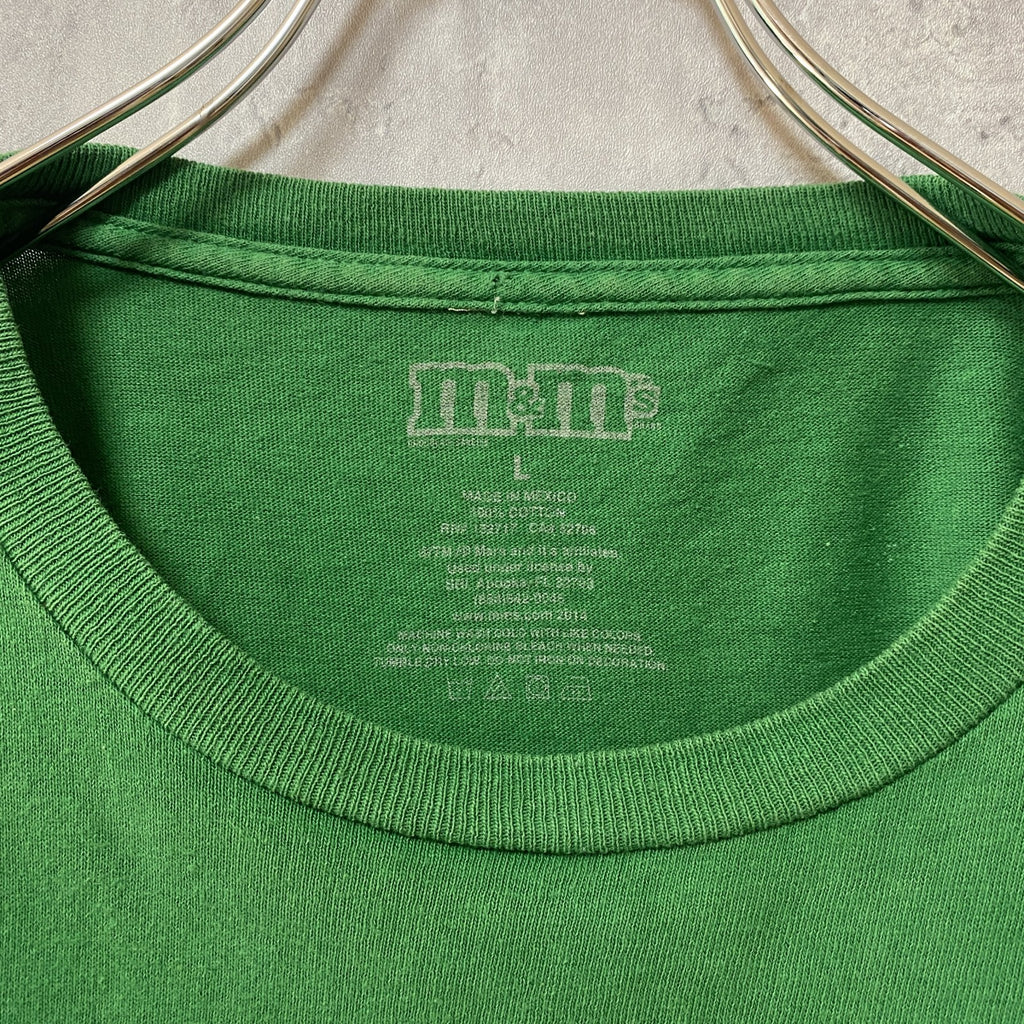 古着 used　M&M　エムアンドエム　半袖プリントTシャツ　でかプリント　キャラクター　お菓子　緑　グリーン　Lサイズ