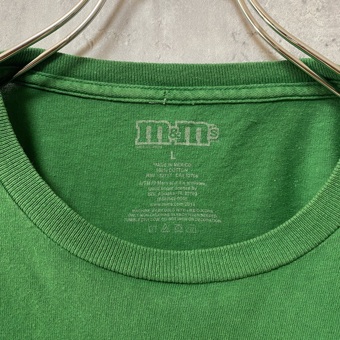 古着 used　M&M　エムアンドエム　半袖プリントTシャツ　でかプリント　キャラクター　お菓子　緑　グリーン　Lサイズ