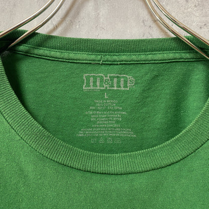 古着 used　M&M　エムアンドエム　半袖プリントTシャツ　でかプリント　キャラクター　お菓子　緑　グリーン　Lサイズ