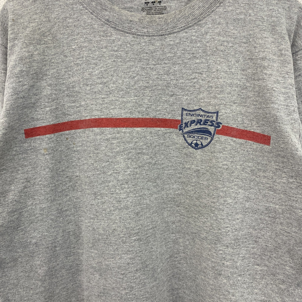古着 used　adidas　アディダス　長袖プリントTシャツ　サッカー　EXPRESS　グレー　クルーネック　Mサイズ