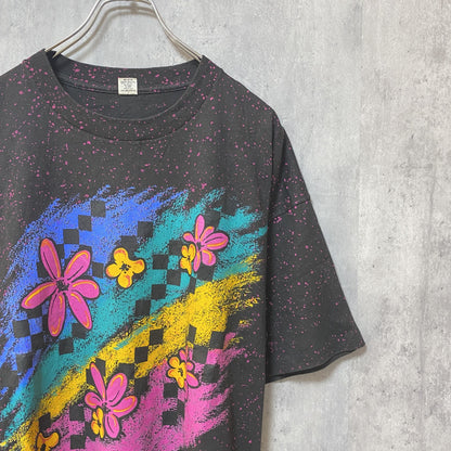 古着 used　90s　ヴィンテージ　半袖プリントTシャツ　USA製　シングルステッチ　花　黒　ブラック　オーバーサイズ