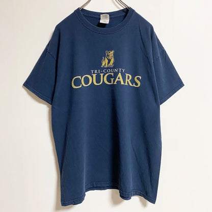 GILDAN　ギルダン　半袖プリントアニマルTシャツ　フェード　タイガー　虎　クルーネック　COUGARS　紺　ネイビー　Lサイズ