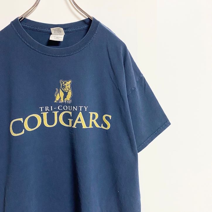 GILDAN　ギルダン　半袖プリントアニマルTシャツ　フェード　タイガー　虎　クルーネック　COUGARS　紺　ネイビー　Lサイズ