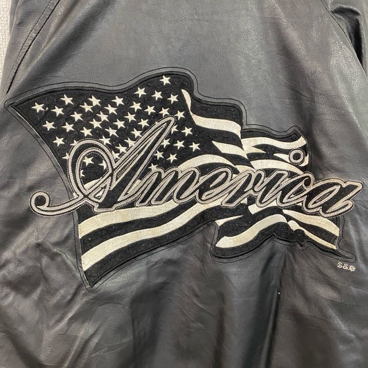 古着 used　STEVE&BARRY'S　スティーブアンドバリーズ　長袖合皮刺繍スタジャン　アメリカ国旗　星条旗　黒　Mサイズ