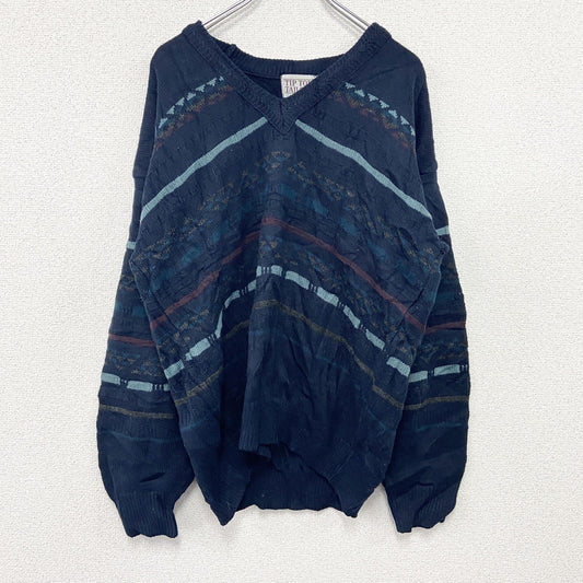 ～90s　TIP TOP TAILORS　アクリルニットセーター　ヴィンテージ　総柄　紺　ネイビー　Lサイズ