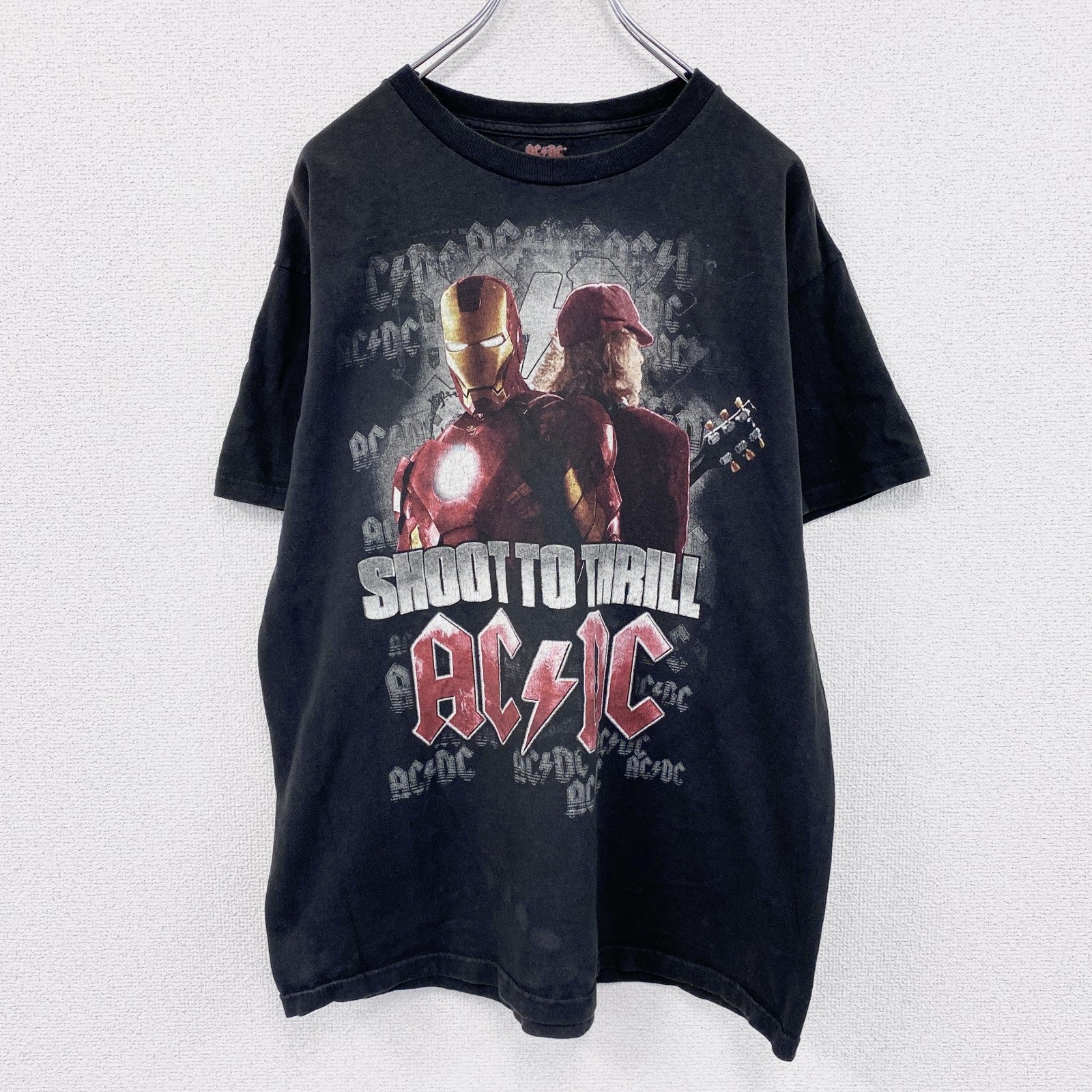 AC/DC　アイアンマン2　IRON MAN　半袖映画プリントTシャツ　バンドT　キャラクターT　黒　ブラック　Lサイズ