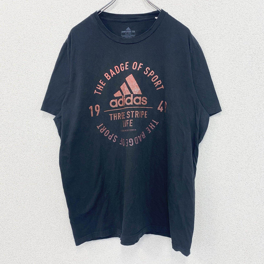 古着 used　adidas アディダス　半袖プリントTシャツ　スリー ストライプ　カジュアル　クルーネック　黒　XLサイズ
