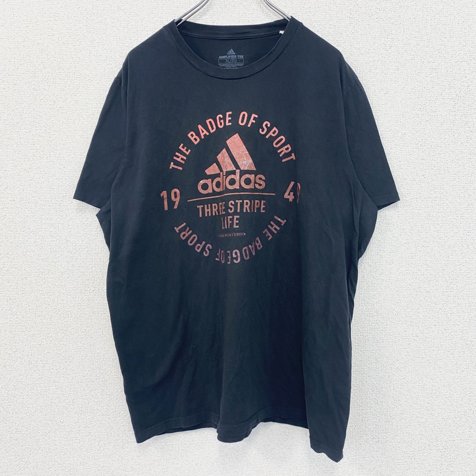 古着 used　adidas アディダス　半袖プリントTシャツ　スリー ストライプ　カジュアル　クルーネック　黒　XLサイズ