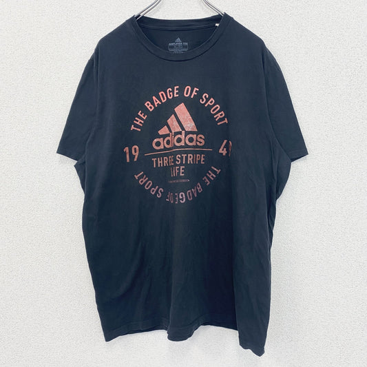 古着 used　adidas アディダス　半袖プリントTシャツ　スリー ストライプ　カジュアル　クルーネック　黒　XLサイズ
