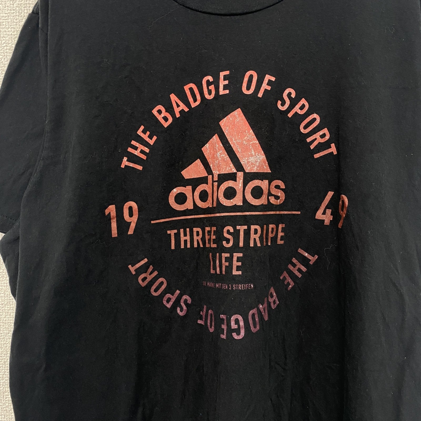 古着 used　adidas アディダス　半袖プリントTシャツ　スリー ストライプ　カジュアル　クルーネック　黒　XLサイズ