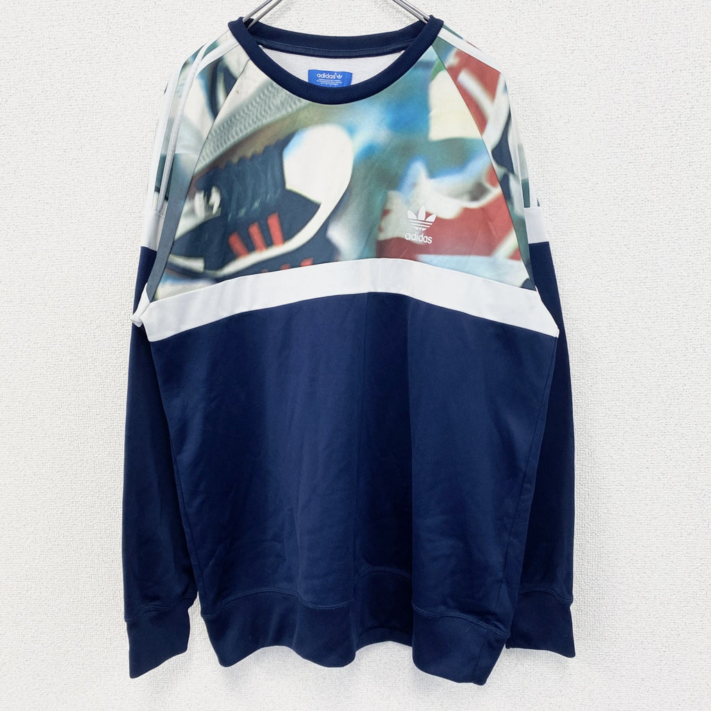 古着 used　adidas　アディダス　グラフィックプリントトレーナー　スーパースター　カジュアルデザイン　レトロ　青　Lサイズ