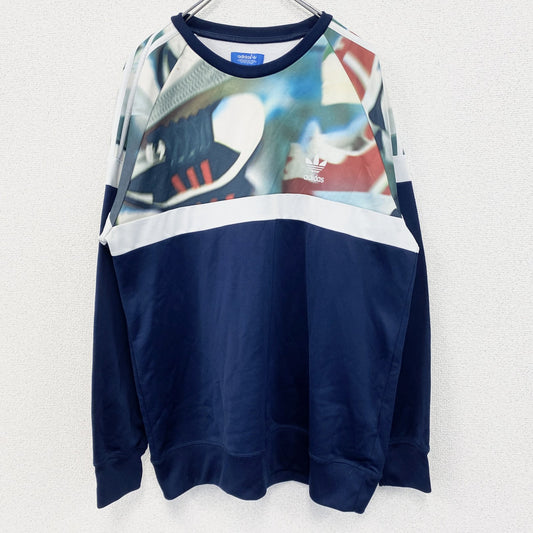 古着 used　adidas　アディダス　グラフィックプリントトレーナー　スーパースター　カジュアルデザイン　レトロ　青　Lサイズ