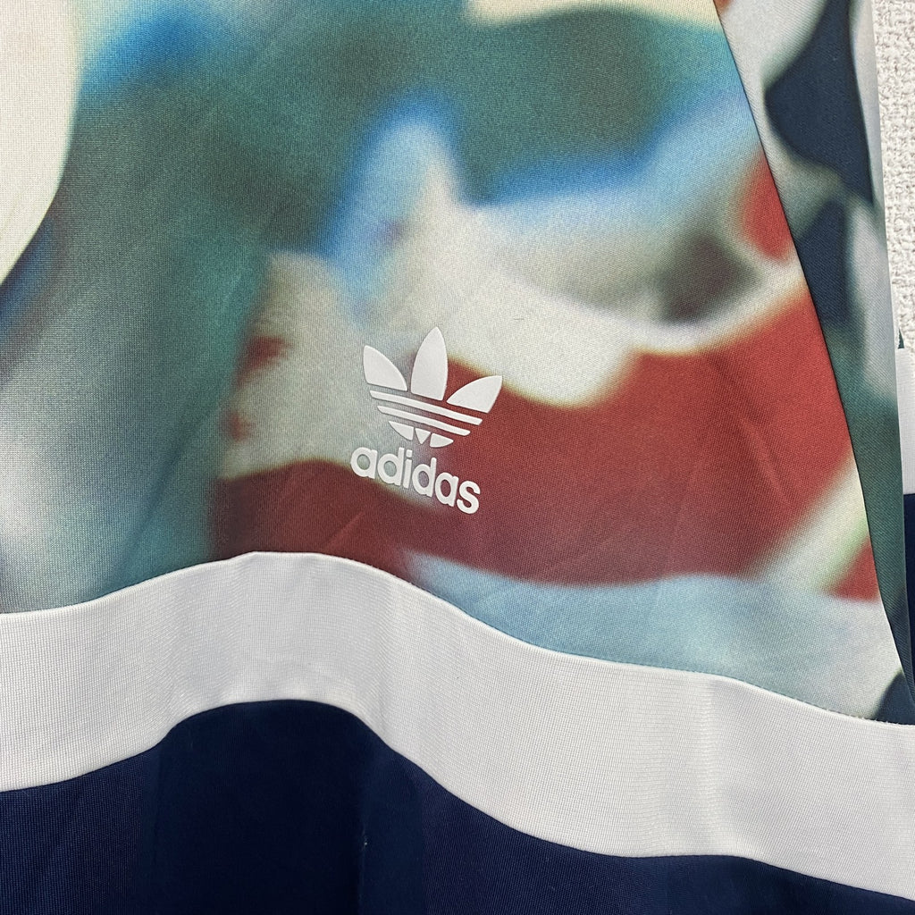 古着 used　adidas　アディダス　グラフィックプリントトレーナー　スーパースター　カジュアルデザイン　レトロ　青　Lサイズ