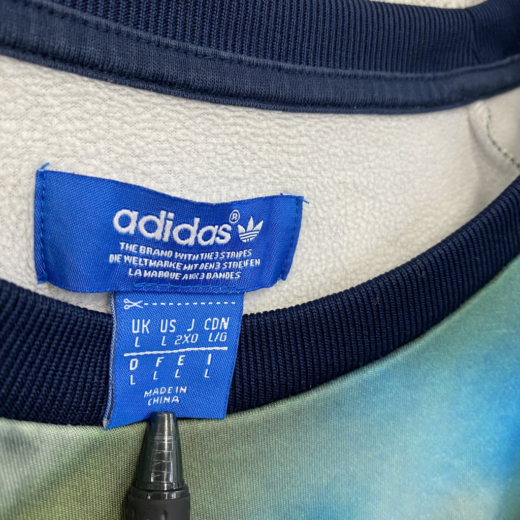 古着 used　adidas　アディダス　グラフィックプリントトレーナー　スーパースター　カジュアルデザイン　レトロ　青　Lサイズ