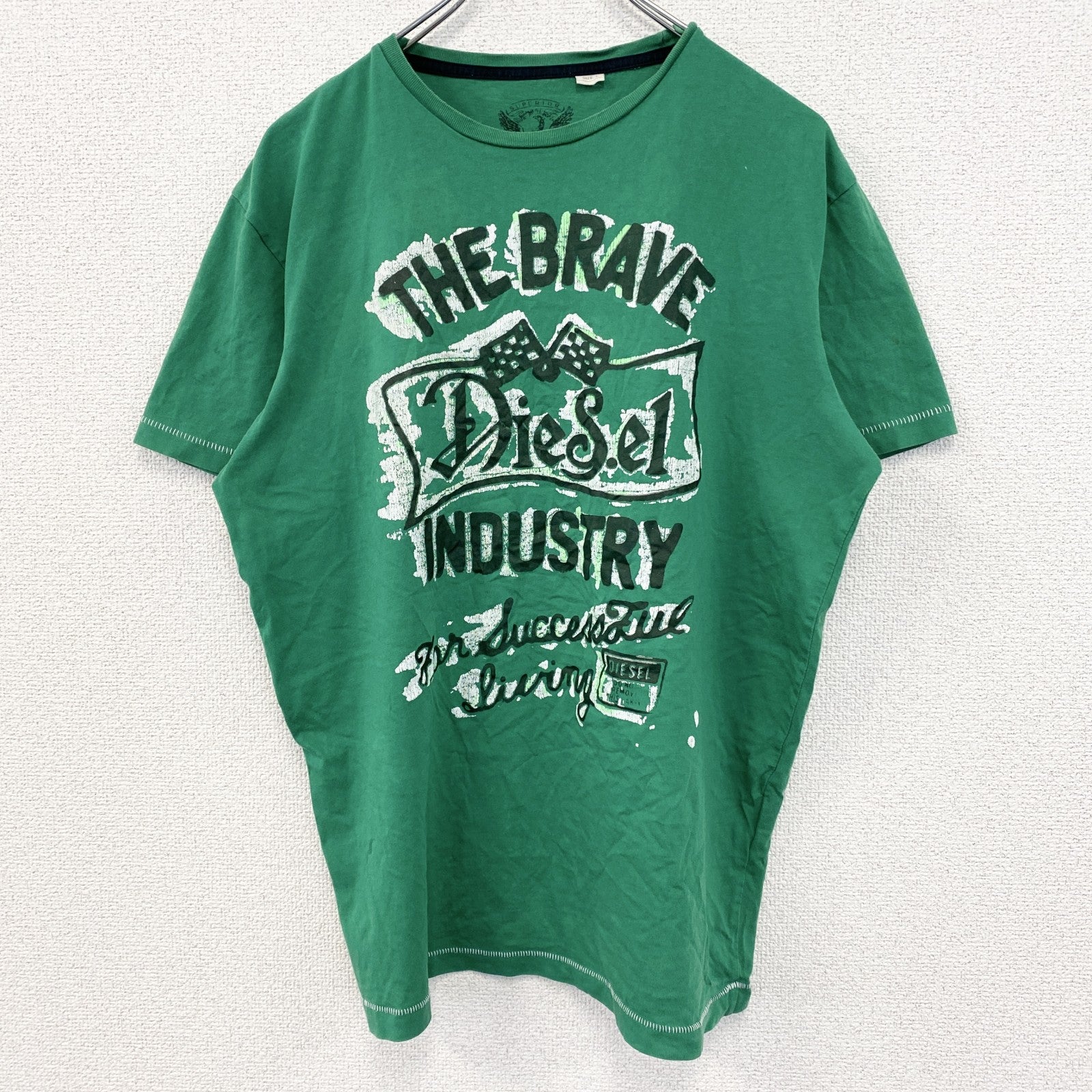 古着 used　DIESEL ディーゼル　半袖プリントTシャツ　カジュアル　シングルステッチ　クルーネック　緑　XLサイズ