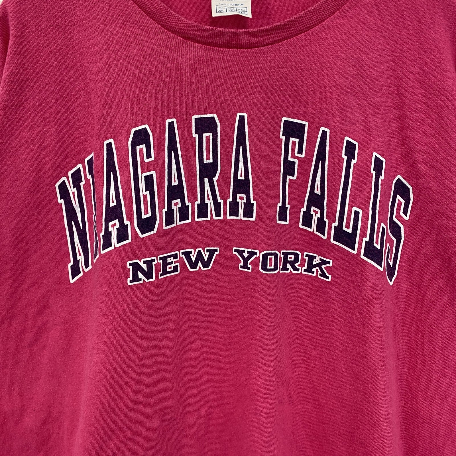 古着 used　DELTA デルタ　半袖プリントTシャツ　ナイアガラ滝　カジュアルデザイン　クルーネック　ピンク　2XLサイズ
