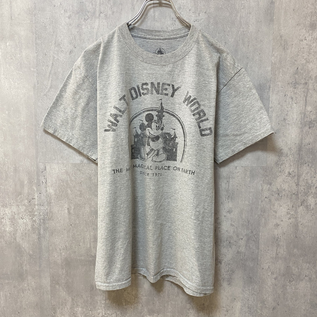 古着 used　Disney　ディズニー　半袖　プリントTシャツ　グレー　ミッキー　ロゴT　キャラクター　アメカジ　レトロ　クルーネック　