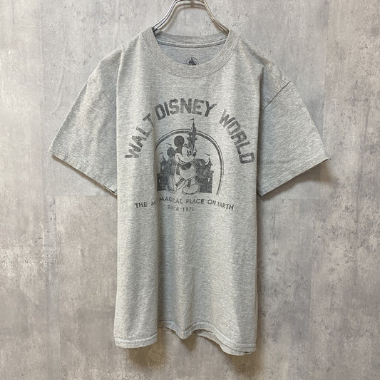 古着 used　Disney　ディズニー　半袖　プリントTシャツ　グレー　ミッキー　ロゴT　キャラクター　アメカジ　レトロ　クルーネック　