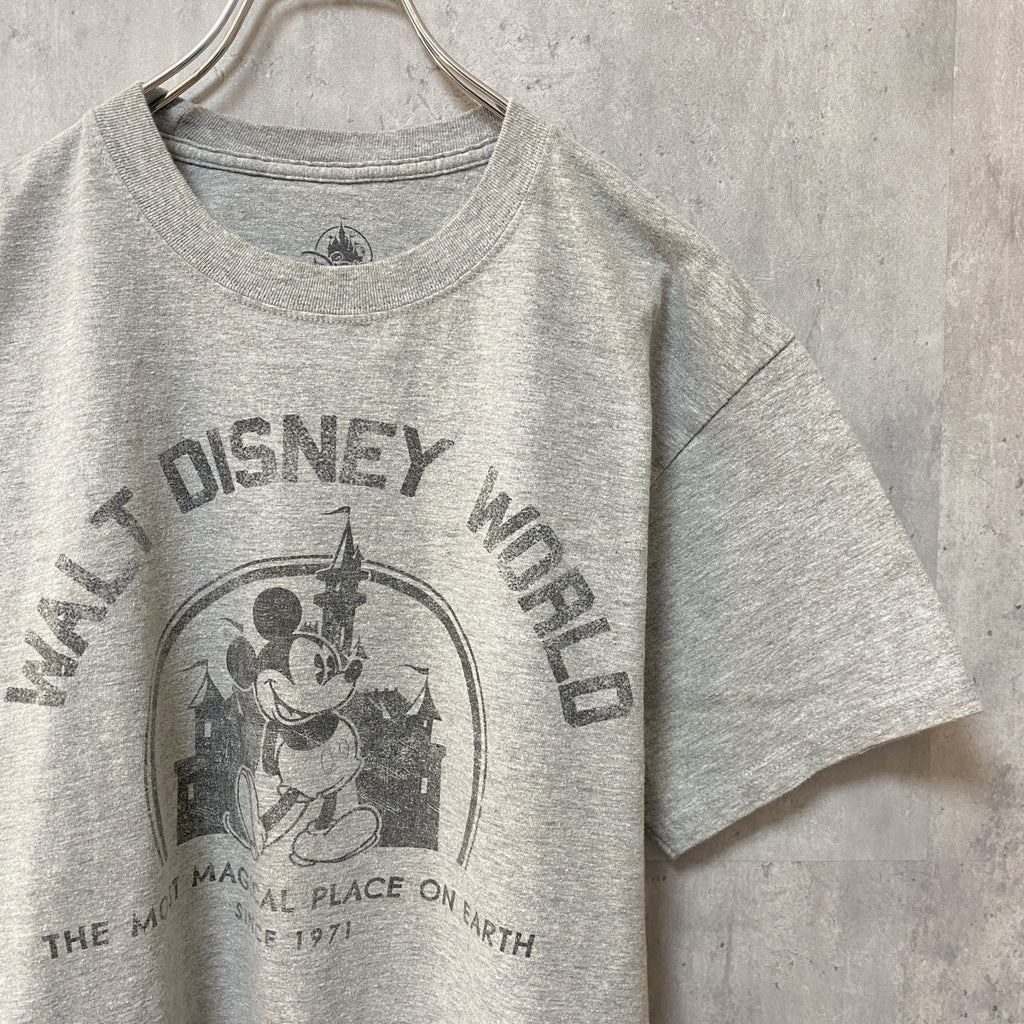 古着 used　Disney　ディズニー　半袖　プリントTシャツ　グレー　ミッキー　ロゴT　キャラクター　アメカジ　レトロ　クルーネック　