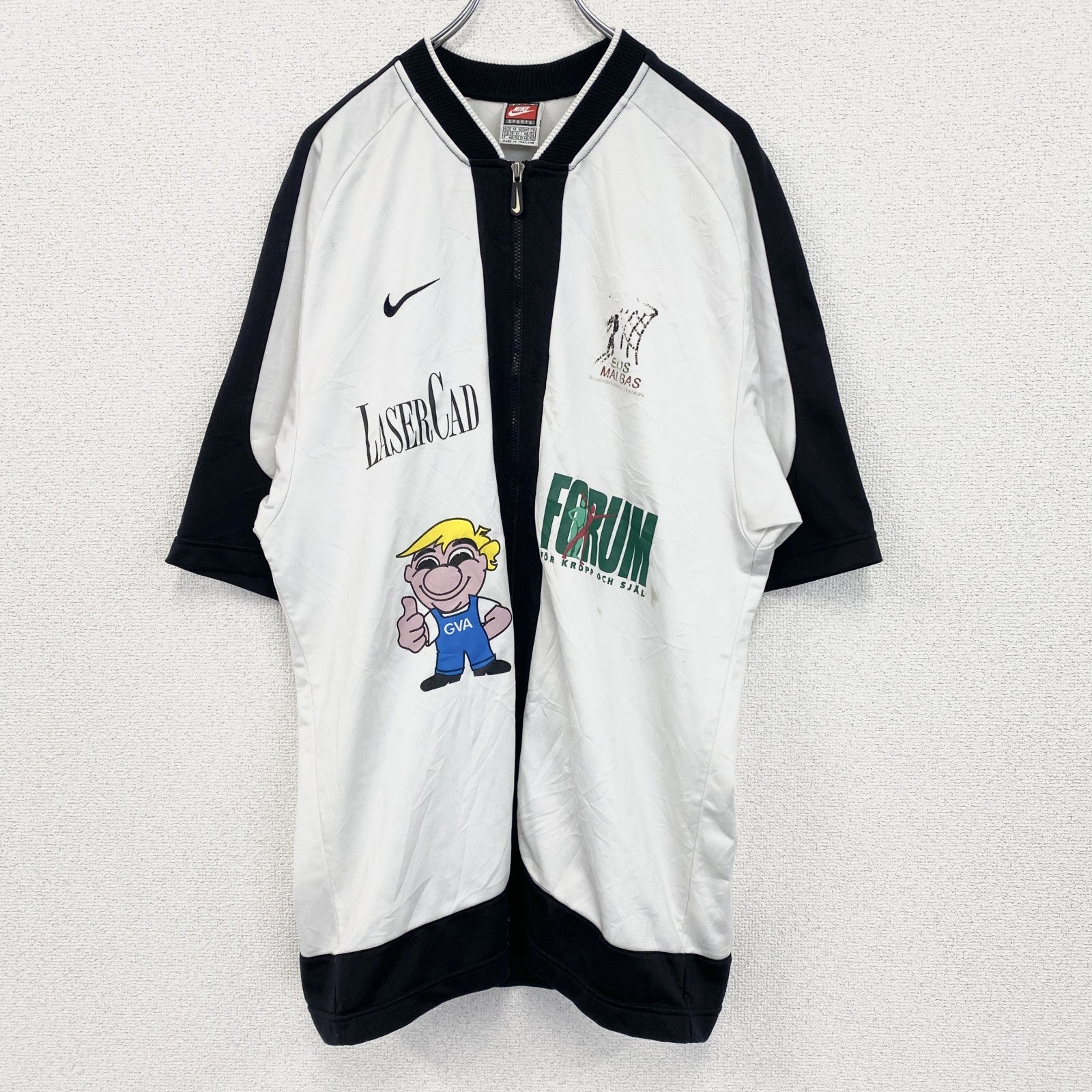 古着 used　90s　NIKE ナイキ　半袖フルジップジャージ　スウッシュロゴ　プリントデザイン　バイカラー　黒　白　Mサイズ