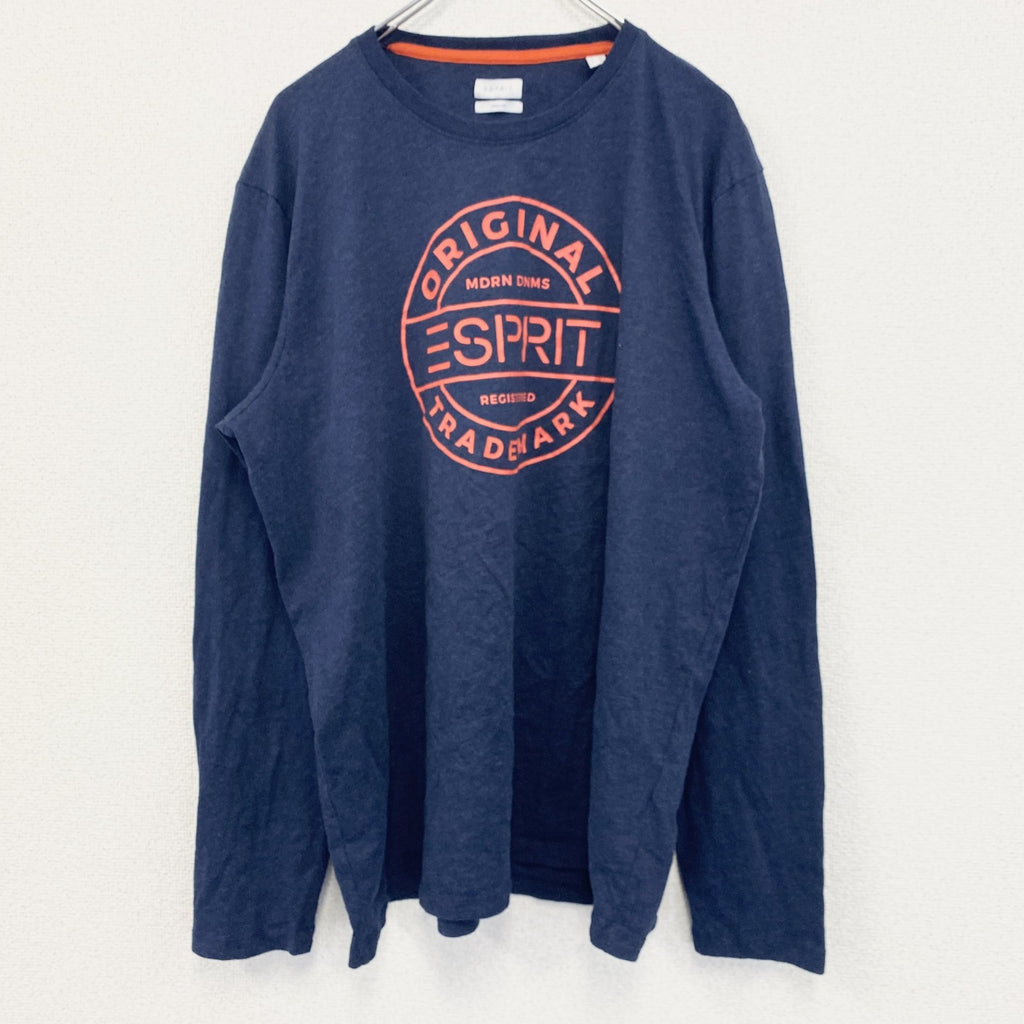 古着 used　ESUPRIT　長袖プリントTシャツ　クルーネック　カジュアルデザイン　ネイビー　レトロ　XXLサイズ