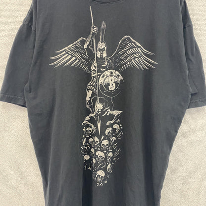 古着 used　BAKER　半袖プリントTシャツ　カジュアルデザイン　ドクロ　鎧　クルーネック　黒　XLサイズ