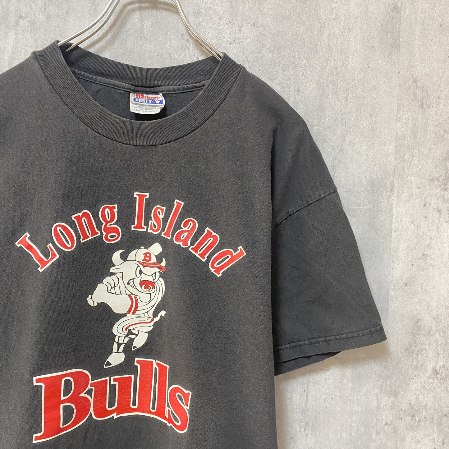 古着 used　Hanes BEFFE T　ヘインズ　半袖プリントTシャツ　黒　ブラック　野球　牛　レトロデザイン　Lサイズ