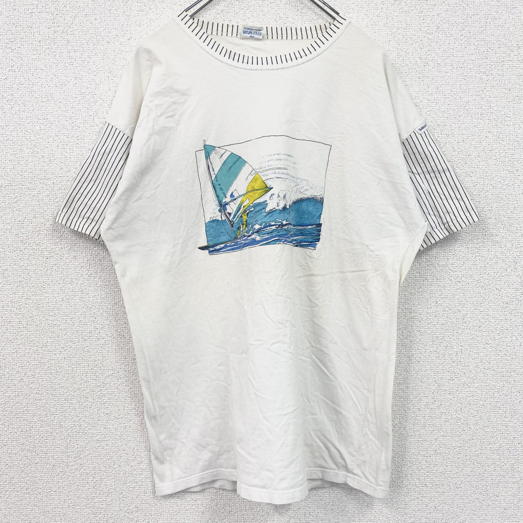 古着 used　Schieser　半袖プリントTシャツ　ウィンドサーフィン　クルーネック　レトロデザイン　白　ホワイト　Lサイズ