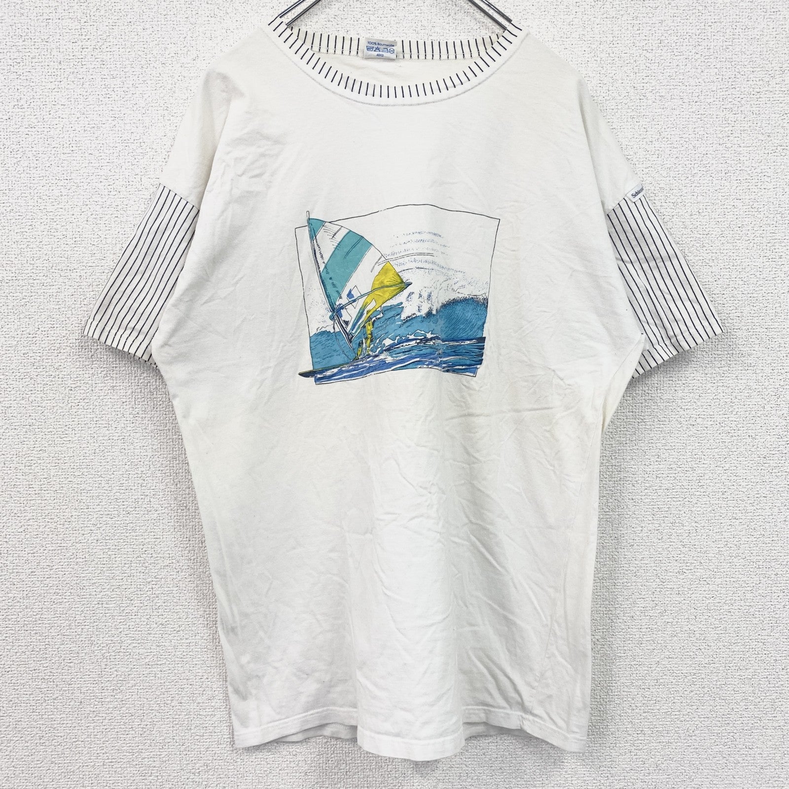 古着 used　Schieser　半袖プリントTシャツ　ウィンドサーフィン　クルーネック　レトロデザイン　白　ホワイト　Lサイズ