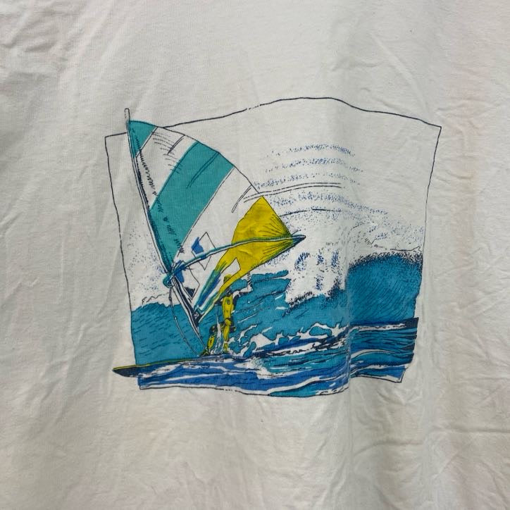 古着 used　Schieser　半袖プリントTシャツ　ウィンドサーフィン　クルーネック　レトロデザイン　白　ホワイト　Lサイズ