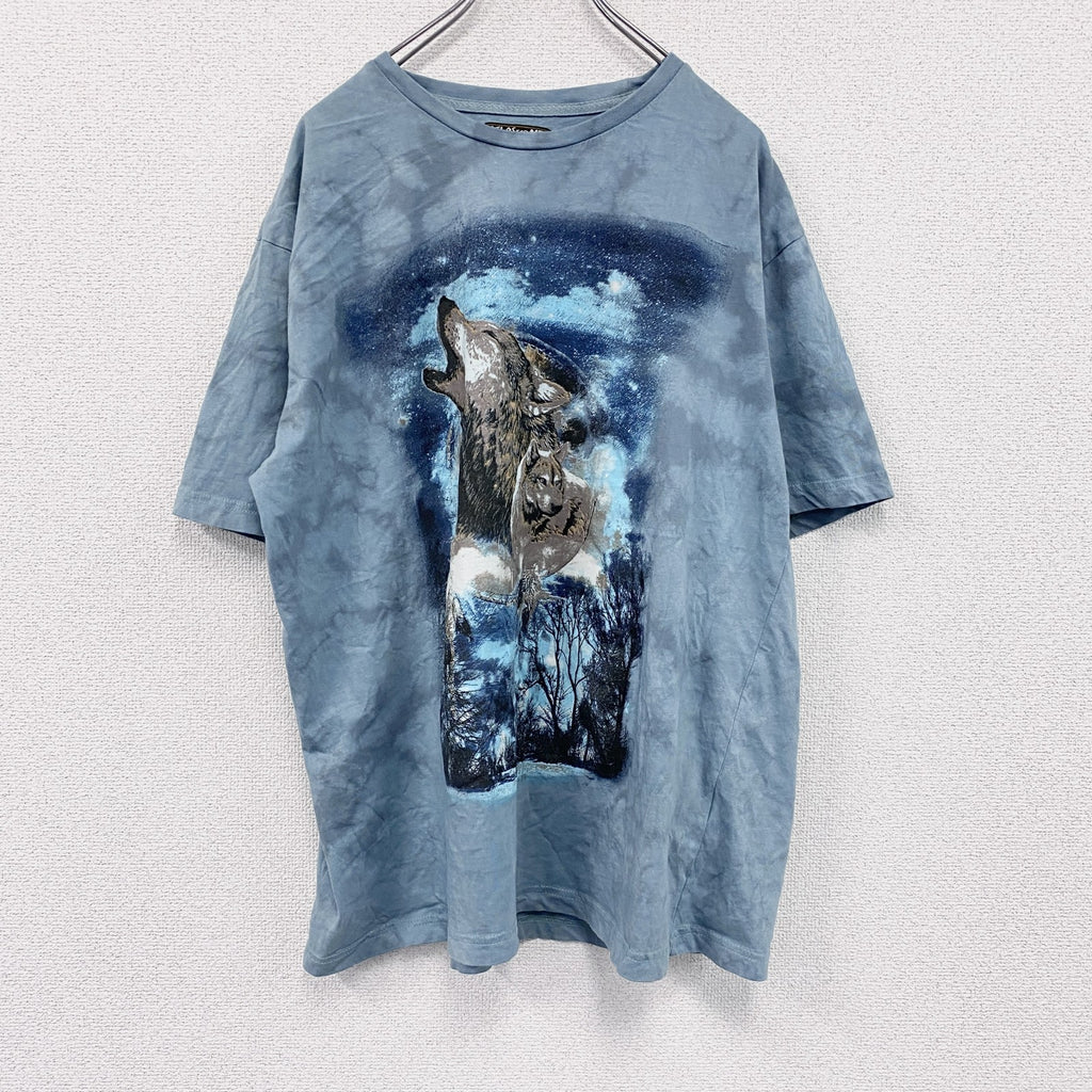 ATLAS FOR MEN　半袖プリントTシャツ　タイダイT　アニマルT　狼　水色　ライトブルー　XXLサイズ