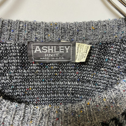 ～90s　ASHLEY　アクリルニットセーター　ビックシルエット　幾何学模様　ヴィンテージ　総柄　灰色　グレー　XLサイズ
