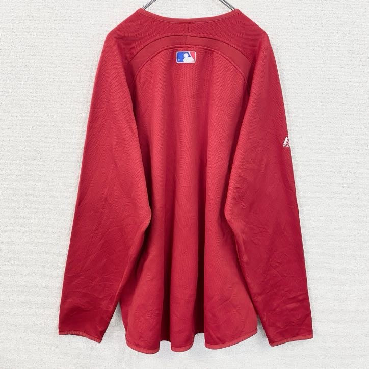 古着 used　Majestic　MLB　フィリーズ　長袖ベースボールシャツ　ワンポイント刺繍カットソー　野球　赤　レッド