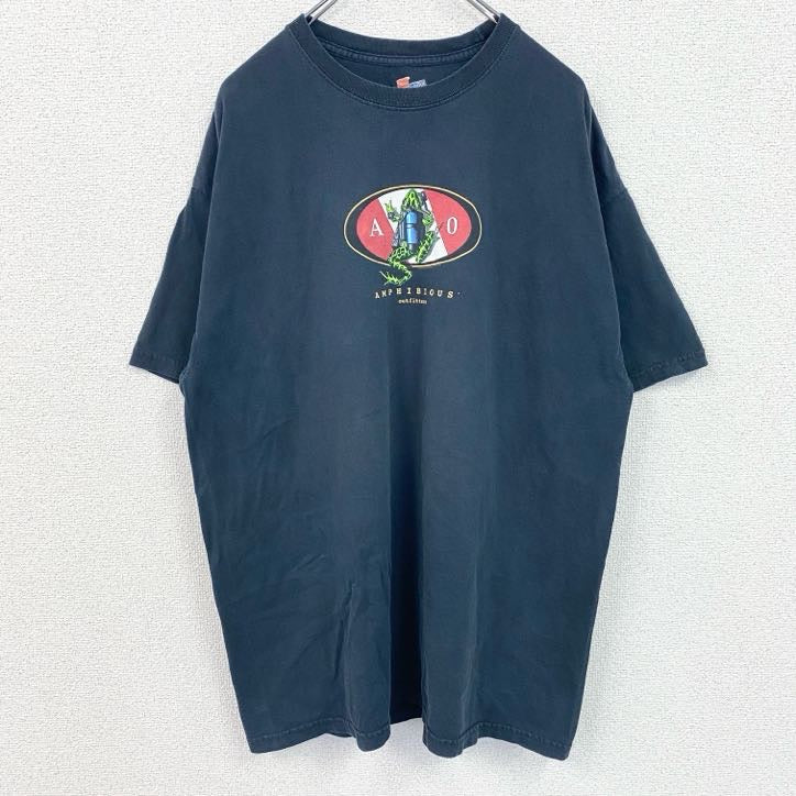 古着 used　Hanes　ヘインズ　半袖両面プリントTシャツ　サメ　クルーネック　黒　ブラック　ヴィンテージ　XLサイズ