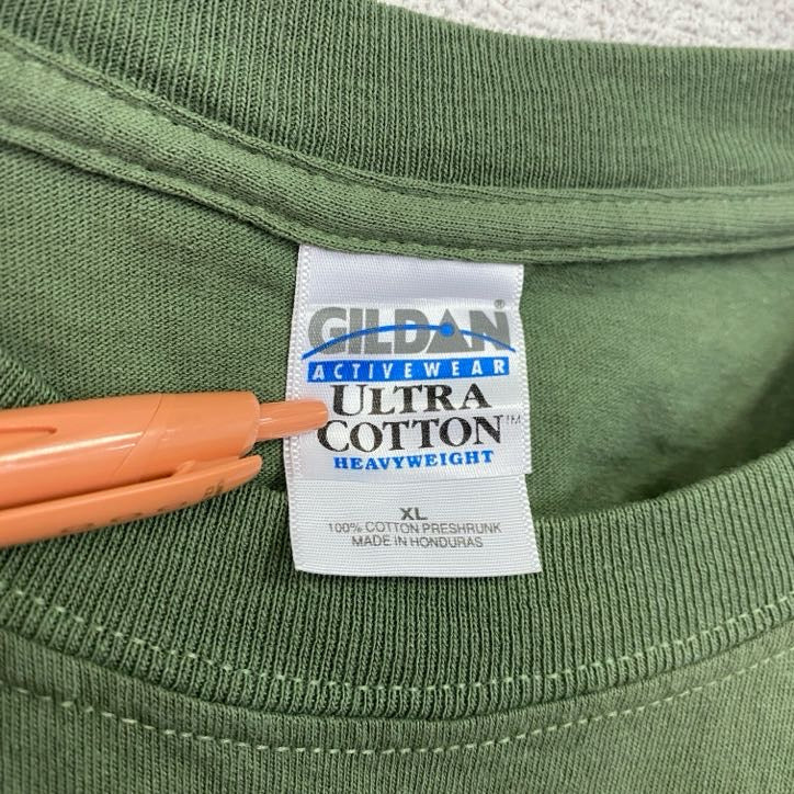 古着 used　GILDAN　ギルダン　半袖ワンポイントTシャツ　バックプリント　野球　グローブ　緑　グリーン　XLサイズ