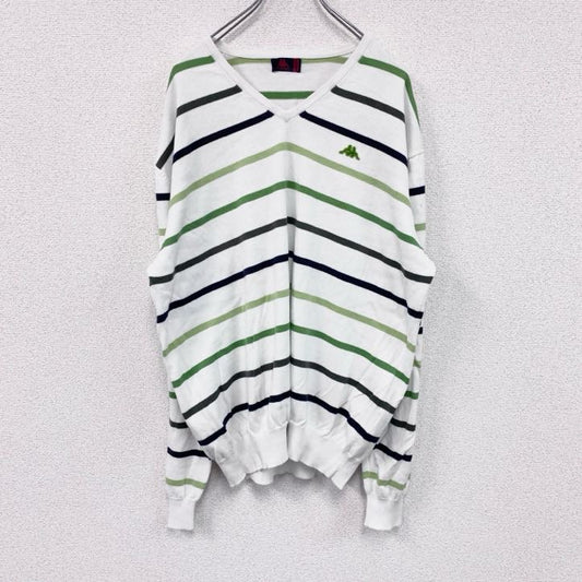 90s　ROBE DI KAPPA　カッパ　Vネックコットンニットセーター　ヴィンテージ　ボーダー柄　ホワイト　グリーン　XXXLサイズ