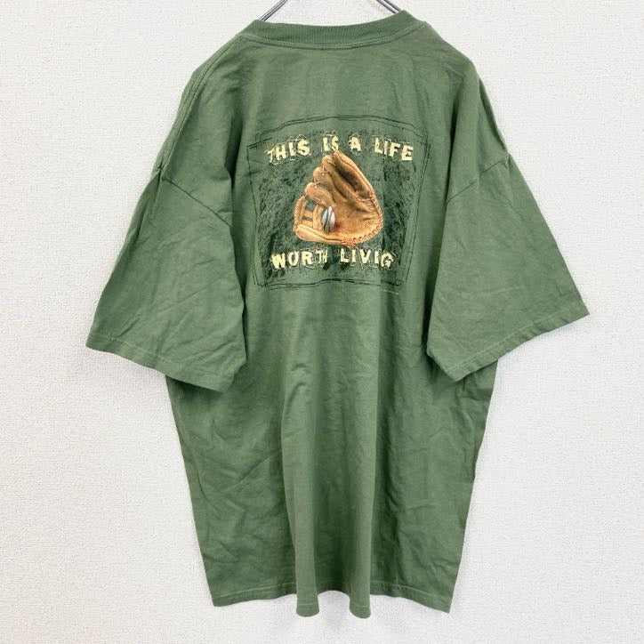 古着 used　GILDAN　ギルダン　半袖ワンポイントTシャツ　バックプリント　野球　グローブ　緑　グリーン　XLサイズ