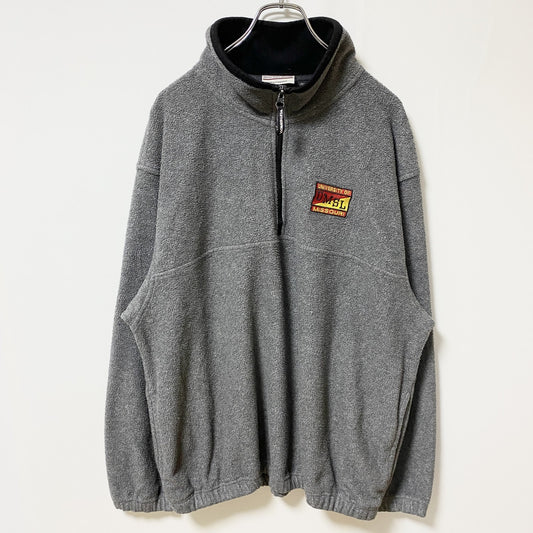古着 used　NAS　長袖フリースジャケット　ハーフジップブルゾン　カレッジロゴ刺繍　ミズーリ大学　グレー　Lサイズ