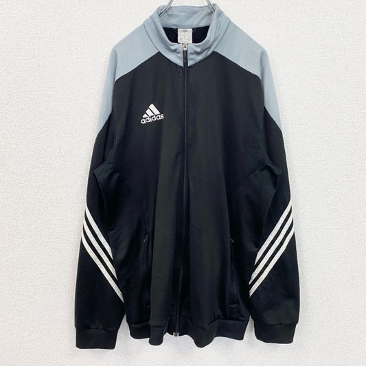 古着 used　adidas　アディダス　長袖ワンポイントロゴ刺繍ジャージ　トラックジャケット　黒　グレー　XLサイズ