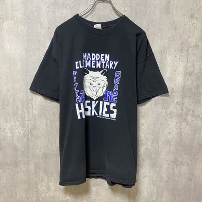 古着 used　HUSKIES　半袖プリントTシャツ　黒　ブラック　バックプリント　クルーネック　ビッグシルエット　XLサイズ