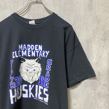 古着 used　HUSKIES　半袖プリントTシャツ　黒　ブラック　バックプリント　クルーネック　ビッグシルエット　XLサイズ
