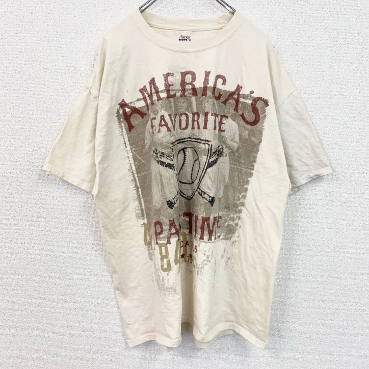 古着 used　Hanes　ヘインズ　半袖ビッグプリントTシャツ　アメリカ　野球　スポーツ　クルーネック　白　ホワイト　XLサイズ