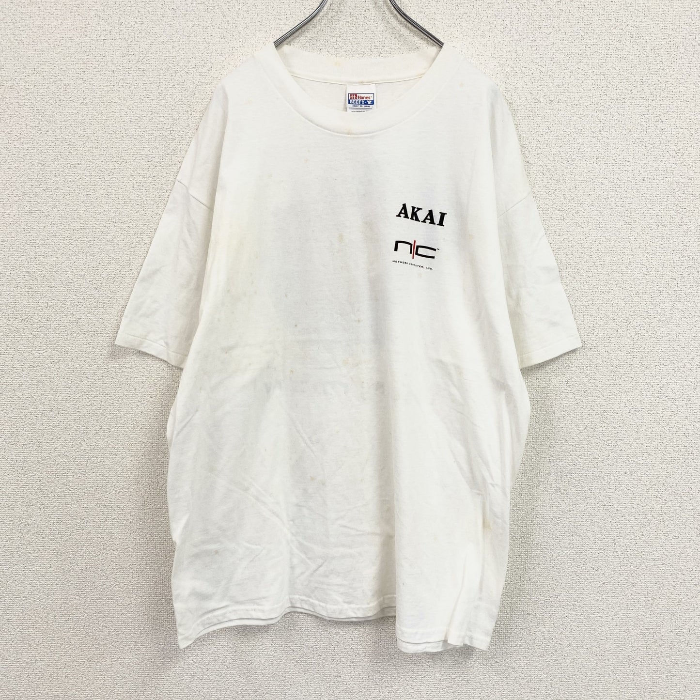 90s　Hanes　ヘインズ　BEEFY-T　AKAI　半袖Tシャツ　企業ロゴ　シングルステッチ　白　ホワイト　XLサイズ