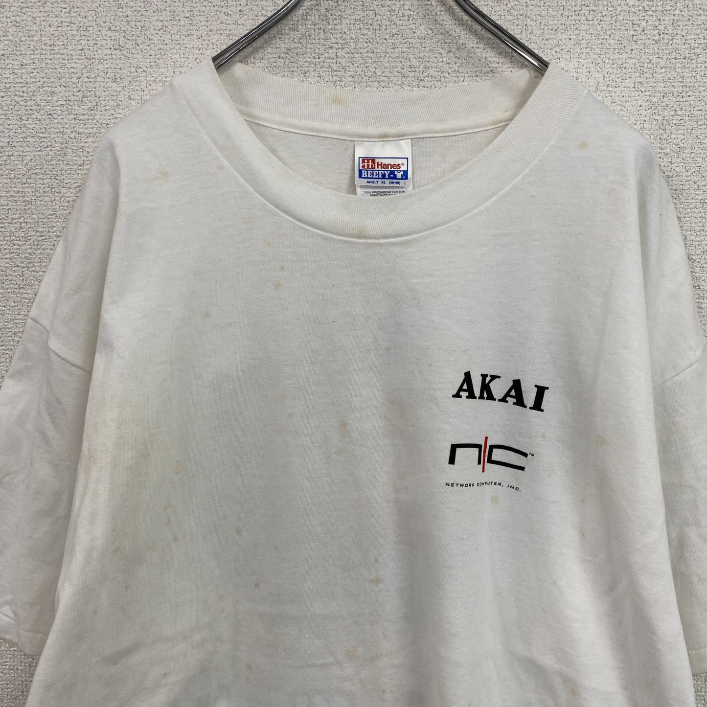 90s　Hanes　ヘインズ　BEEFY-T　AKAI　半袖Tシャツ　企業ロゴ　シングルステッチ　白　ホワイト　XLサイズ