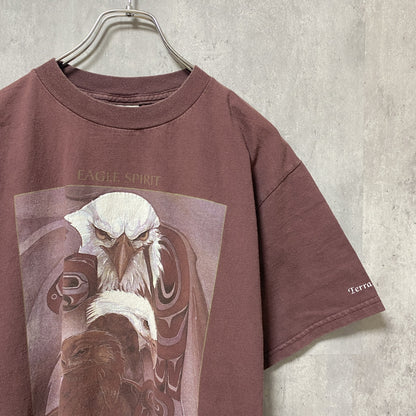 古着 used　TULTEX　タルテックス　半袖アニマル柄プリントTシャツ　ワインレッド　鷹　鳥　レトロ　クルーネック　Mサイズ