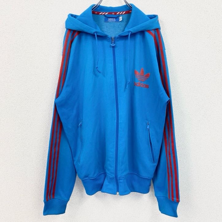 古着 used　adidas　アディダス　デカロゴジャージパーカー　トラックジャケット　フーディ　袖ライン　青　XLサイズ