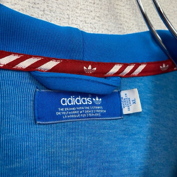古着 used　adidas　アディダス　デカロゴジャージパーカー　トラックジャケット　フーディ　袖ライン　青　XLサイズ