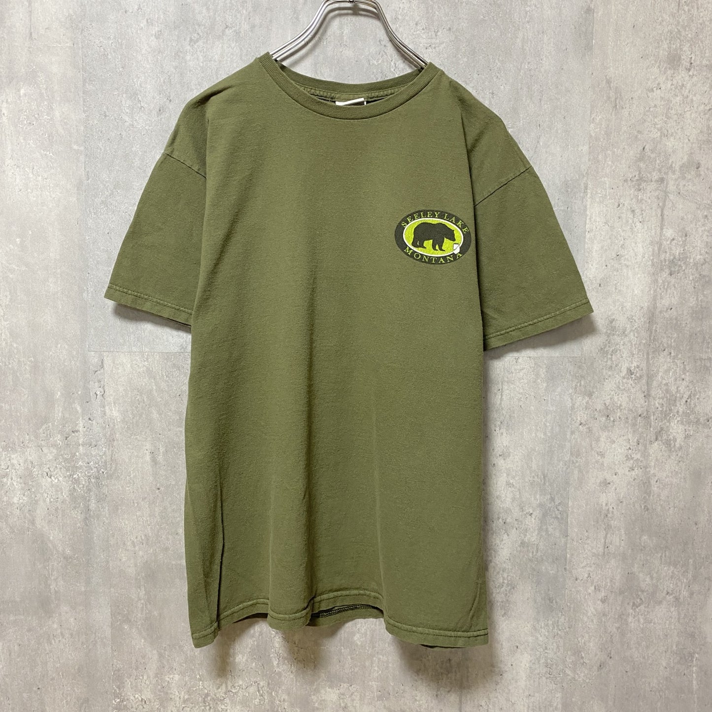 古着 used　THE DUCK COMPANY　半袖アニマル柄プリントTシャツ　カーキ　熊　バックプリント　レトロデザイン
