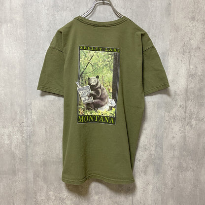 古着 used　THE DUCK COMPANY　半袖アニマル柄プリントTシャツ　カーキ　熊　バックプリント　レトロデザイン
