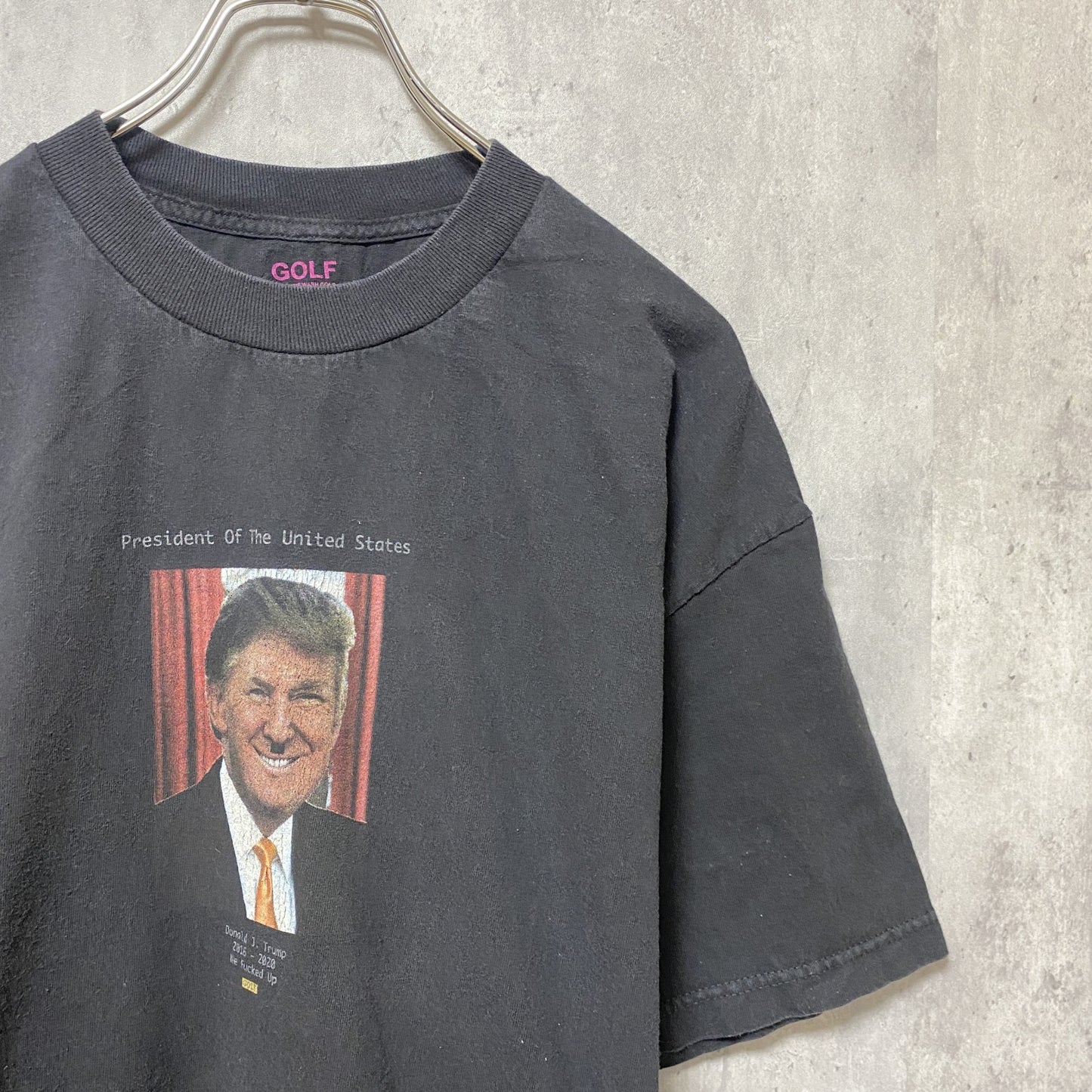 古着 used　ドナルド・トランプ　半袖グラフィックプリントTシャツ　黒　ブラック　アメカジ　レトロ　デザイン　個性的　クルーネック　春夏服　メンズ　レディース